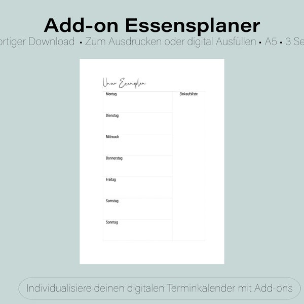 Essensplaner Add-on | Integriere Add-ons in deinen digitalen Kalender | Ausdrucken oder digital Ausfüllen | Mahlzeitenplaner |Ernährungsplan