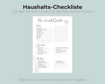 Peut inclure: Une liste de contrôle ménagère blanche avec du texte noir et des icônes en traits fins. La page est divisée en sections quotidienne, hebdomadaire et mensuelle avec des cases à cocher. L'en-tête indique Haushalts-Checkliste et Meine Haushalts-Checkliste.