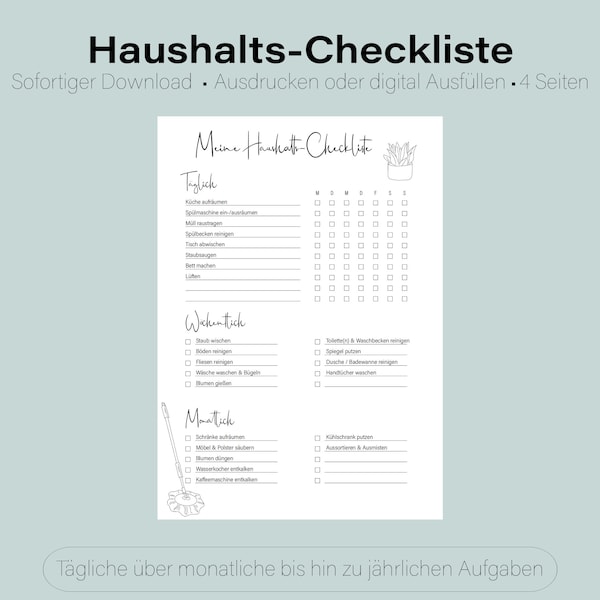 Haushalts-Checkliste | Ausdrucken oder digital Ausfüllen | Vorausgefüllt oder blanko | PDF | Reinigungsplan | Putzplan Deutsch