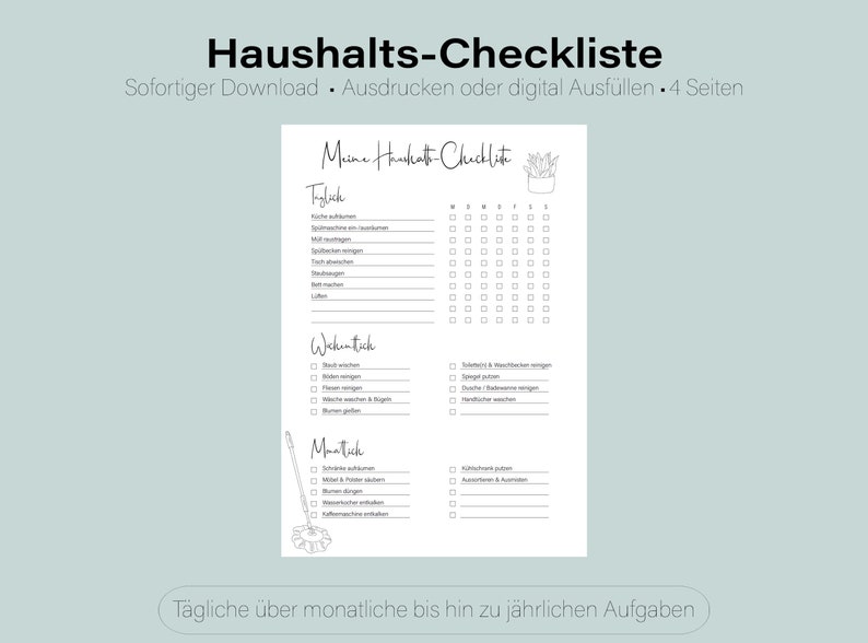 Household checklist Print or fill out digitally Pre-filled or blank PDF Cleaning schedule Cleaning plan in German image 1