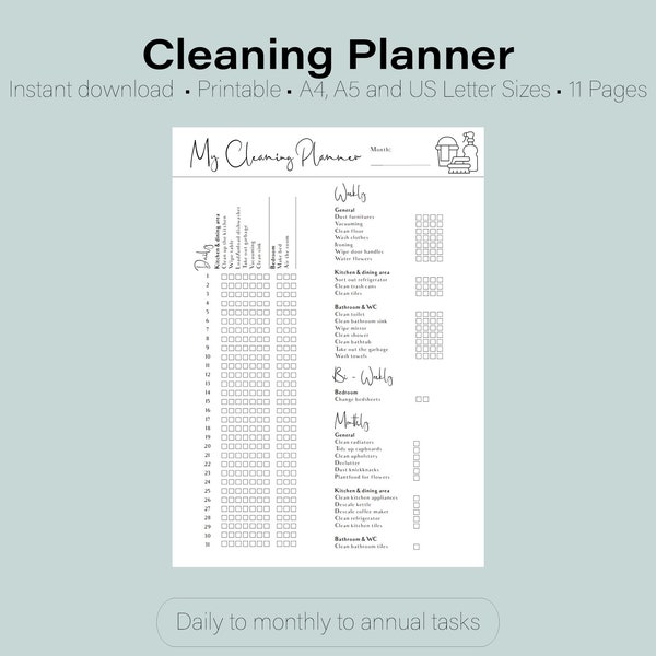 Cleaning Planner | Instant Download | Printable | Filled in or blank | Household chores | Cleaning schedule | Cleaning checklist | PDF file