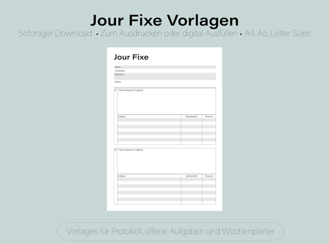 Jour Fixe Templates Instant Download Print Out or Fill Out Digitally A4