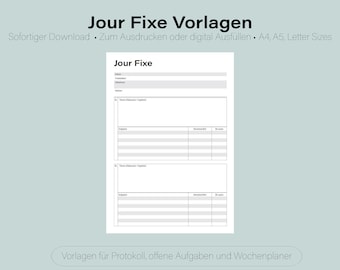 Jour Fixe Templates | Instant Download | Print out or fill out digitally | A4, A5, US Letter Size | Minutes, tasks and weekly planner