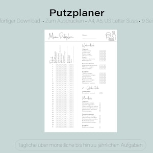 Könnte beinhalten: Ein druckbarer Putzplaner mit dem Titel "Mein Putzplan" in schwarzer Schrift. Der Planer enthält Abschnitte für wöchentliche, zweiwöchentliche, monatliche und jährliche Aufgaben. Der Text "Tägliche über monatliche bis hin zu jährlichen Aufgaben" befindet sich am unteren Rand der Seite.