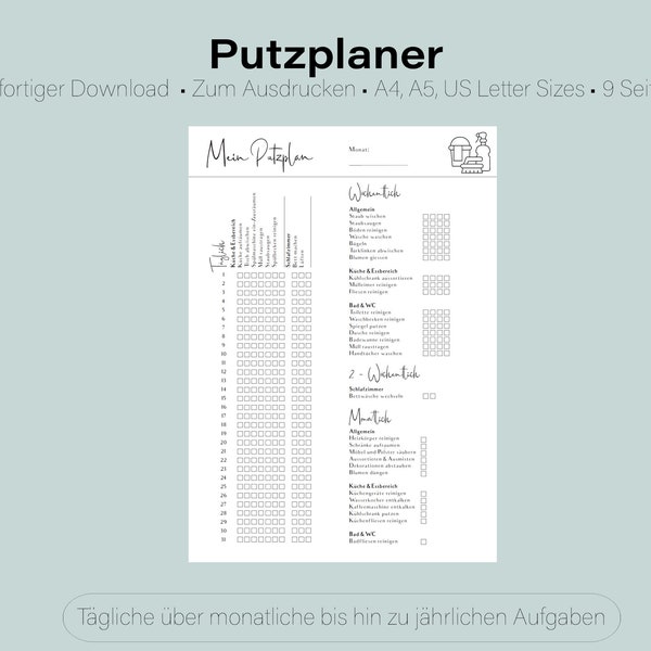 Putzplaner | Druckbar | Ausgefüllt oder blanko | PDF | Reinigungsplan | Checkliste | Für tägliche bis hin zu jährlichen Aufgaben