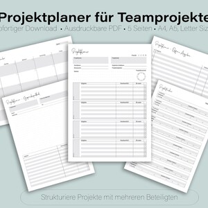 May include: A printable project planner for team projects. The planner includes five pages with sections for project details, tasks, deadlines, and team members. The planner is available in A4, A5, and Letter sizes.