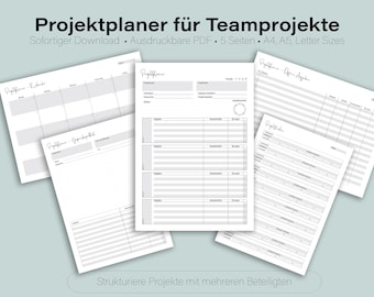 May include: A printable project planner for team projects. The planner includes five pages with sections for project details, tasks, deadlines, and team members. The planner is available in A4, A5, and Letter sizes.