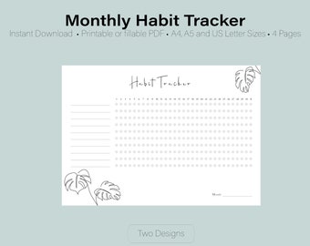 Monthly Habit Tracker | Instant Download | Printable or fillable PDF | Two Designs | A4, A5 and US Letter Sizes | Gewohnheiten tracken