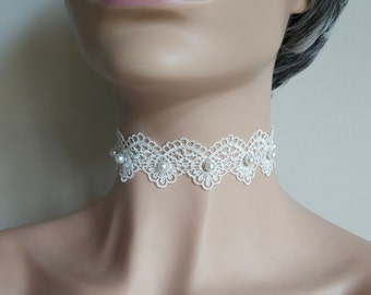 Ivory Lace Bridal Choker Necklace: Handmade Pearl Wedding