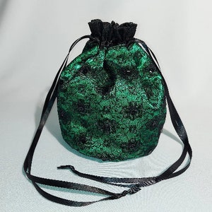 Green Satin with Black Lace Drawstring Bag for Prom or Wedding image 3
