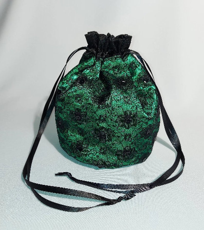 Green Satin with Black Lace Drawstring Bag for Prom or Wedding image 3