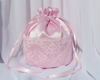 Baby Pink Satin Dolly Bag with Pink Lace Bridesmaids Flower Girl Wedding Bag