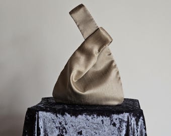 Light Brown Taupe Faux Silk Japanese Knot Bag Handbag