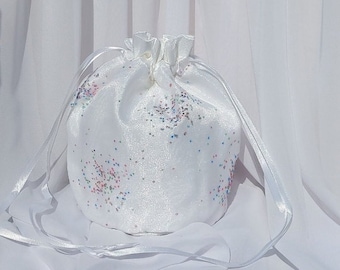 Witte Organza Dolly Bag met roze en blauwe Sparkle Dots Communie Bruiloft Portemonnee Bruidsmeisjes Zakken