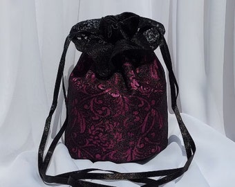 Cerise Pink Dolly Bag Satin and Black Lace Drawstring Bag Gothic Handbag