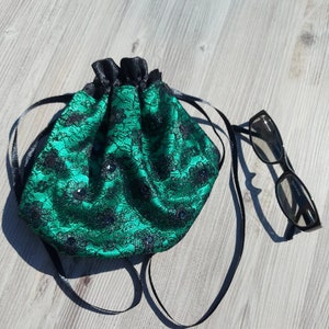 Green Satin with Black Lace Drawstring Bag for Prom or Wedding image 2