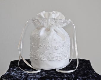 Beautiful Ivory Faux Silk Bridal Handbag with Embroidered Tulle Lace