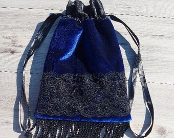 Midnight Blue Velvet and Black Lace Evening Bag Wedding Bag