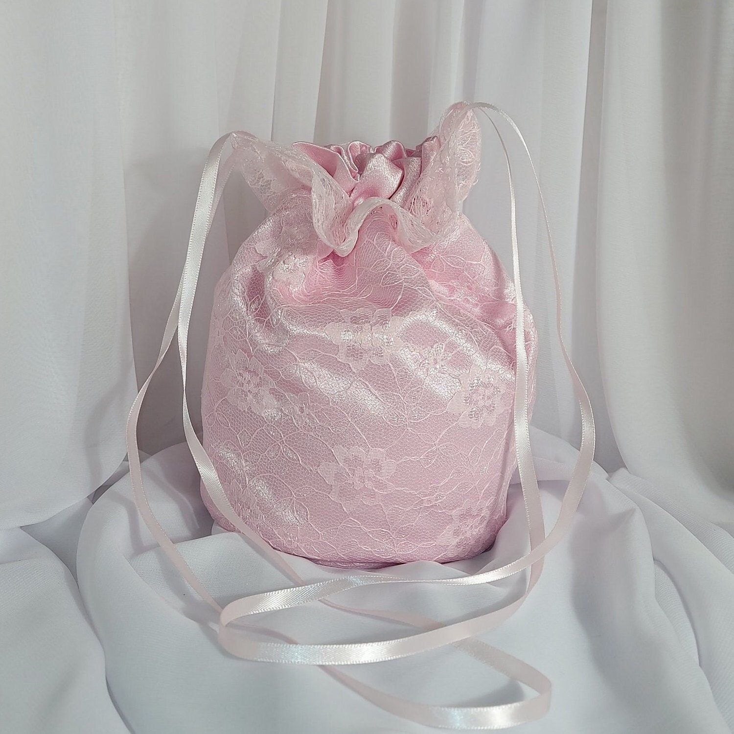 Baby Pink Satin and Lace Drawstring Dolly Bag Bridesmaids Purse Wedding ...