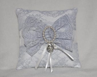 Ivory faux silk Ring Bearer Cushion with Powder Blue Lace and Pearl Centre OOAK