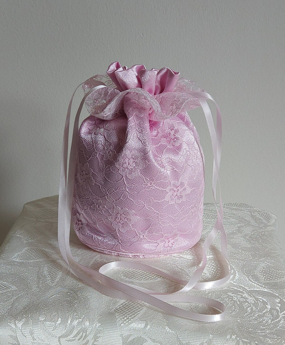 Baby Pink Satin and Lace Drawstring Dolly Bag Bridesmaids Purse Wedding ...