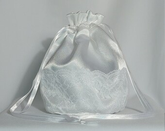 White Satin Dolly Bag with Lace and Ribbon Drawstrings Evening Wedding Bag Communion Bridal Purse