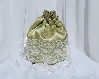 Sage grüne Satin Dolly Tasche mit Elfenbein-Spitze und Bänder Brautjungfern Geldbörse Hochzeit Tasche