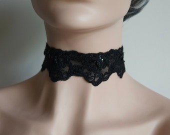 Beautiful Black Beaded Lace Choker Necklace Soft Lace Choker