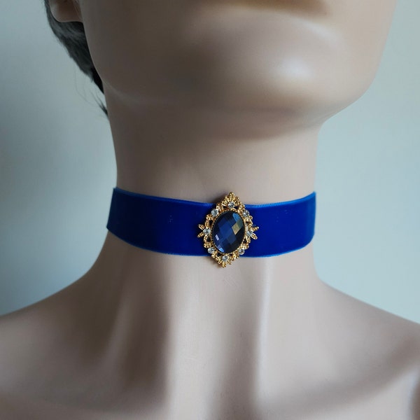 Royal Blue Velvet Ribbon Choker with Diamante Jewel Victorian themed Gift boxed