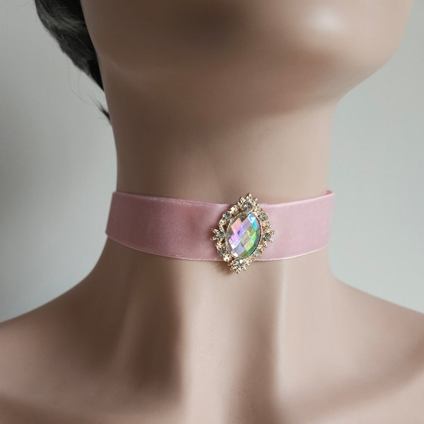 Pink Velvet Ribbon Choker AB pink jewel Adjustable length Gift boxed