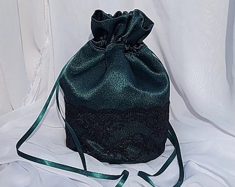 Flaschengrün-Satin und schwarzer Spitze Abendtasche Hochzeitstasche oder Abschlussball