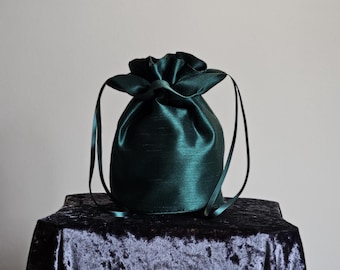 Forest Green Faux Silk Evening Bag Drawstring Handbag