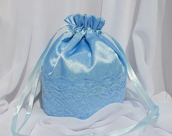 Baby blauwe satijnen Dolly tas met blauwe kant bruidsmeisjes tas bruiloft portemonnee