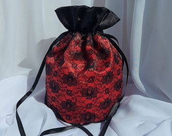 Red Satin with Black Lace Evening Bag Drawstrings Dolly bag