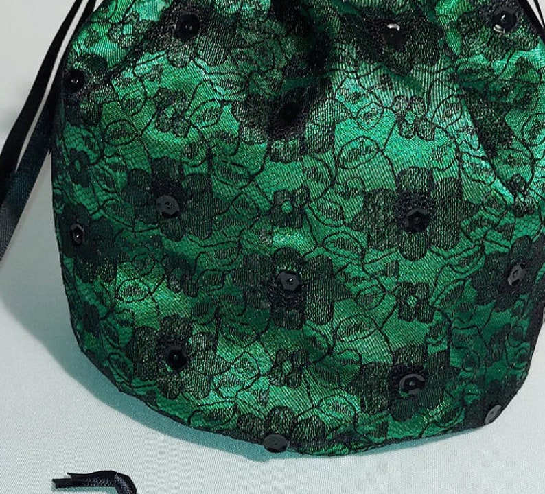 Green Satin with Black Lace Drawstring Bag for Prom or Wedding image 4