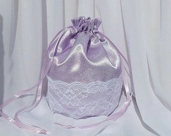 Bolso Dolly de boda de satén lila con encaje blanco, bolso de dama de honor