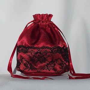 Wine Red Satin Dolly Bag with Black Lace Wedding Bag or Prom