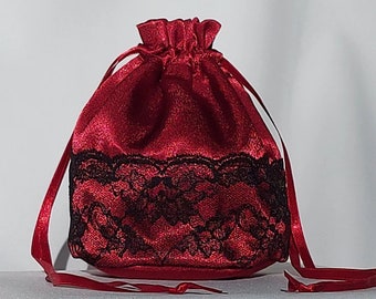 Wine Red Satin Dolly Bag with Black Lace Wedding Bag or Prom