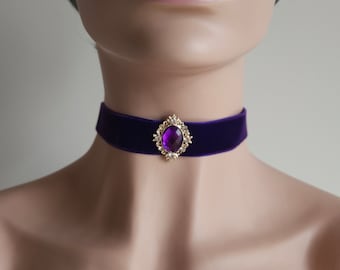 Purple Velvet Ribbon Choker Necklace with Purple diamante jewel Adjustable Length Gift Boxed