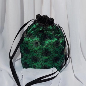 Green Satin with Black Lace Drawstring Bag for Prom or Wedding image 1