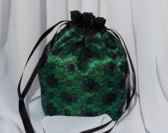 Green Satin with Black Lace Drawstring Bag for Prom or Wedding