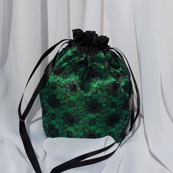 Green Satin with Black Lace Drawstring Bag for Prom or Wedding