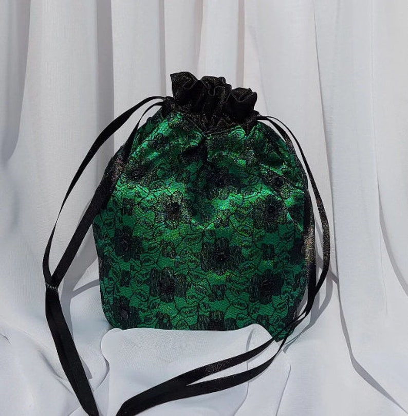 Green Satin with Black Lace Drawstring Bag for Prom or Wedding image 1