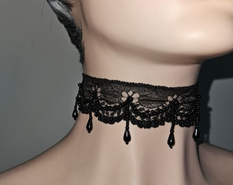 Black Hand Beaded Lace choker Necklace Gothic Ladies Victorian Costume