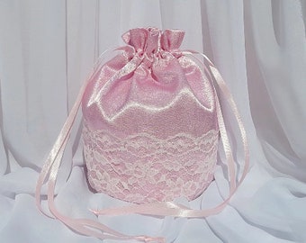 Pink Satin and Ivory Lace Bridesmaids Bag or Flower Girl