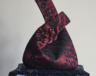 Burgundy Satin with Black Lace Japanese Knot Bag Ladies Evening Bag