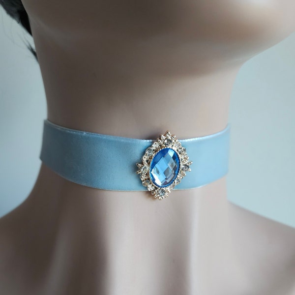 Beautiful Pale Blue Velvet Ribbon Choker with Blue Diamante Jewel