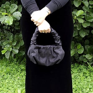 Black Faux Silk Sequin Evening Handbag: Padded Scrunchie Handle