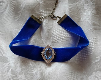 Royal Blue Velvet Choker with Blue and clear Diamante Jewel Something Blue Wedding Necklace