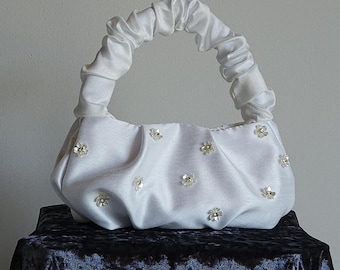 Off White / Ivory Faux Silk Bridal Bag: Diamante Flower Wedding Handbag